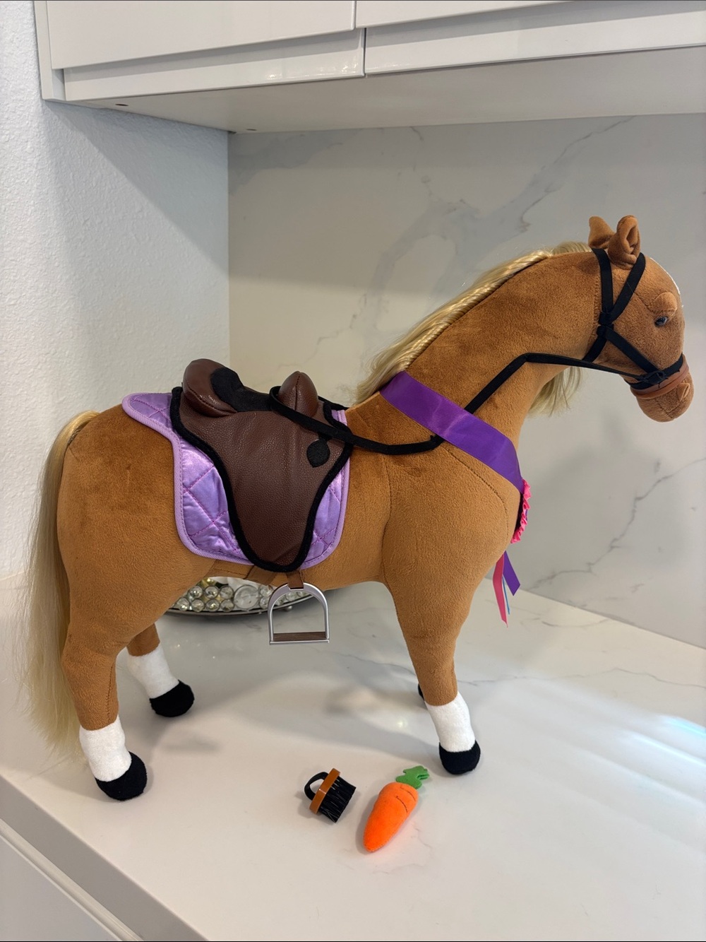 Journey Girl Plush Riding Horse Toy with Purple Saddle and Brown Bridle